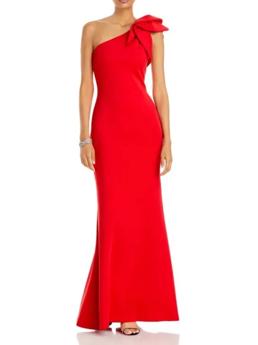 AQUA One-Shoulder Scuba Gown in Red, Size 12